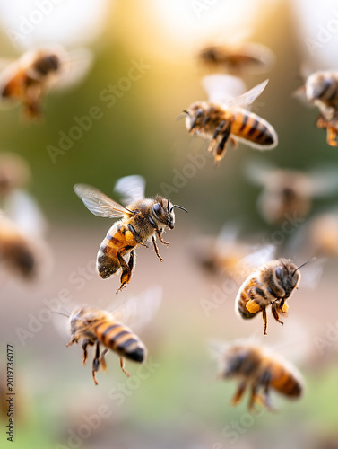 Swarm of honey bees flying in the air with golden sunlight.
