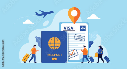 Quadro su tela International travel visa application and passport document for tourism and immigration, airplane flight and global journey with approved visa stamp