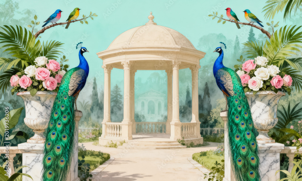 Fototapeta premium A romantic watercolor-style garden scene featuring two peacocks perched on marble pillars, tropical floral arrangements, songbirds, and a classical stone gazebo in a misty park.