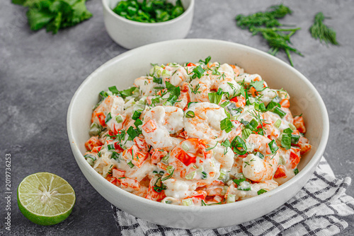 Rustic Styled Seafood Salad on Grey Stone Table CLose Up