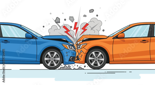 Fotografie Two cars in head on collision accident, road traffic crash impact with broken parts and debris, emergency danger on street, vehicle damage