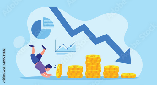 Tableau sur toile Business crisis and bankruptcy concept, sad person falling off money coins, financial loss, declining profits, stock market crash