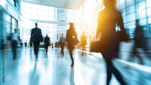 A bustling office lobby with people walking quickly in various directions during a busy workday morning rush