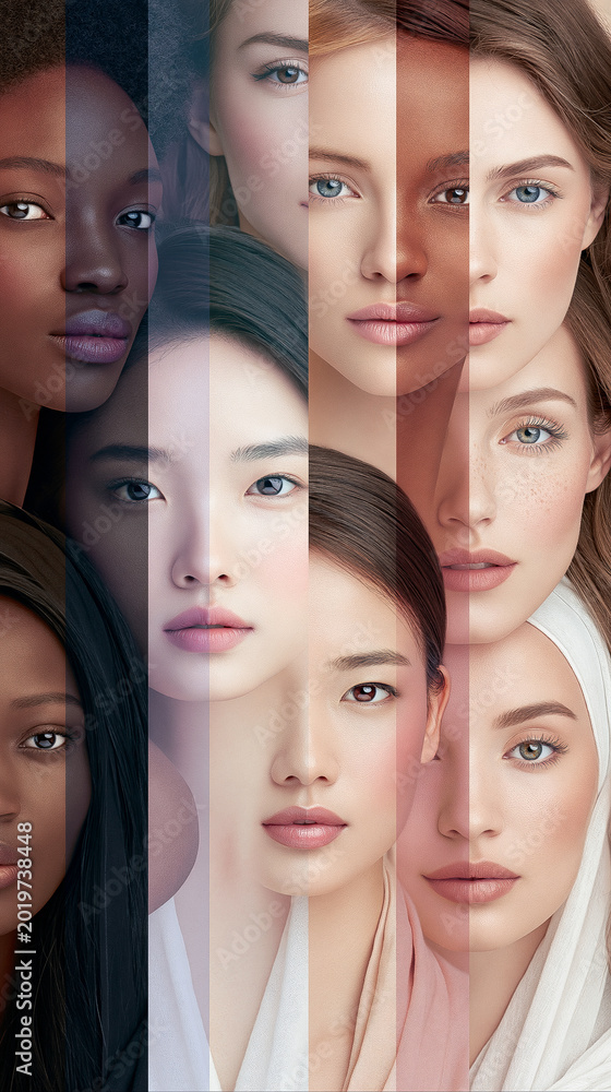 Obraz premium A collage of women's portraits of different ethnic types in a vertical composition, a collage. A modern beauty banner about diversity, beauty, equality, identity, and inclusion.