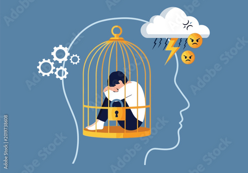 Fotografía Sad person trapped in cage inside head representing mental health issues like depression anxiety and stress with angry clouds and gears