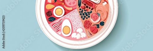 Flat illustration shows a plate with various foods designed for pregnant women to promote nutrition and health during pregnancy.