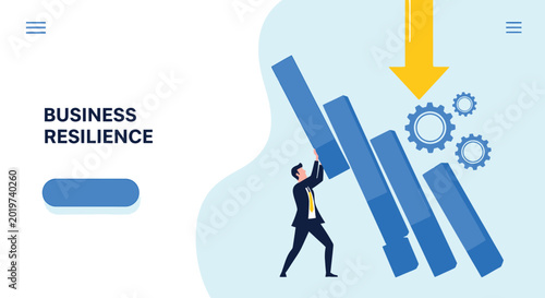 Canvastavla Business resilience concept man holding up collapsing bars against downward arrow showing strength
