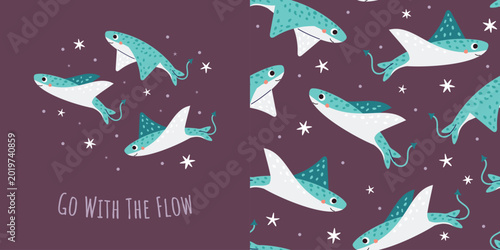 Photography Stingray greeting card with cute seamless pattern