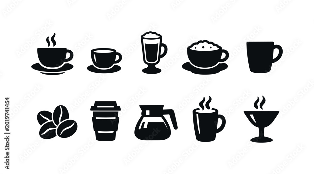 Fototapeta premium Collection of black coffee icons including cups, beans, and a carafe