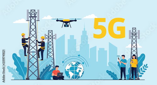 Bild auf Leinwand 5G network tower construction with workers and drone overseeing cityscape illustrating telecommunication infrastructure development and modern technology concept
