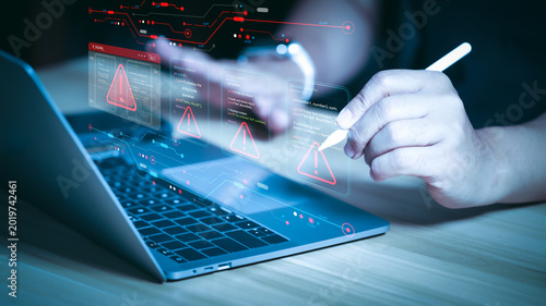 Schilderij op canvas Developer using stylus on laptop with holographic interface showing code errors, red warning icons, and digital data security alerts