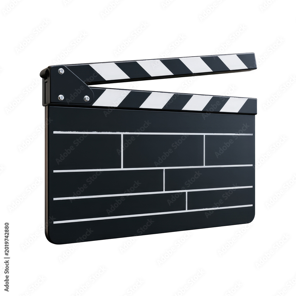 Fototapeta premium A three-dimensional illustration of a slate board used in filmmaking, featuring a rectangular shape with a hinged top section. The board is divided into sections