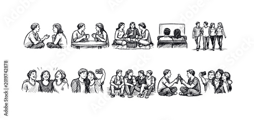 Diverse group of friends enjoying various activities together in a sketched style