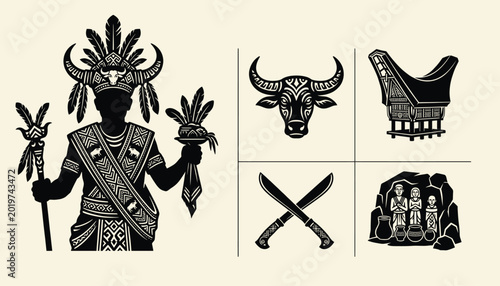 Canvas Print Toraja Cultural Icons including Tongkonan House and Ancestral Symbols Silhouette