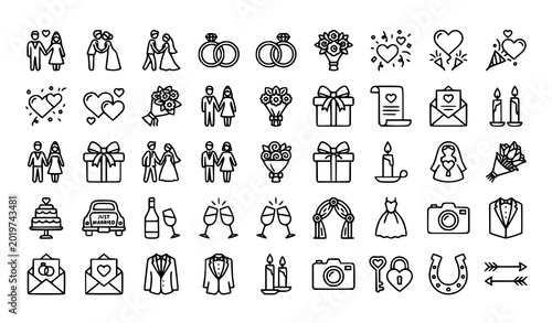 Tableau sur toile Elegant marriage outline pictogram vector pack with romantic wedding web icons i