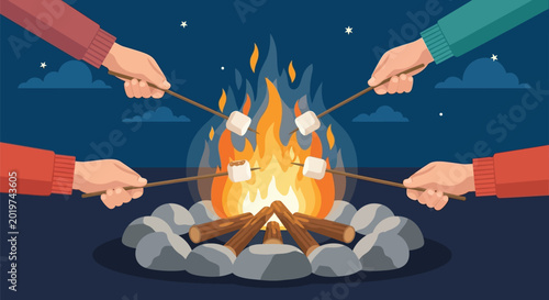 Fotografi People roasting marshmallows over campfire at night group activity bonding outdoor recreation cooking food sharing fun