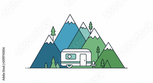A minimalist camper sits before a backdrop of snow-capped mountains and trees