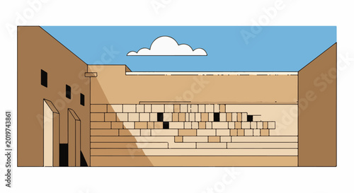 A minimalist cartoon depiction of a sandy courtyard with a single white cloud in a blue sky