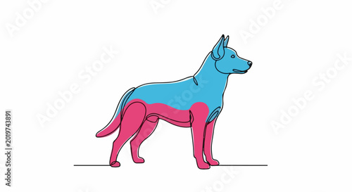 A minimalist depiction of a dog with distinct blue and pink sections