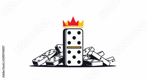 A tall domino with a crown sits on a pile of other dominos