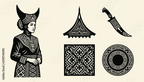 Foto Traditional Minangkabau woman and cultural heritage symbols in monochrome woodcu