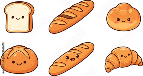 Obraz na plátně cute bakery bread character set with smiling faces including toast loaf baguette