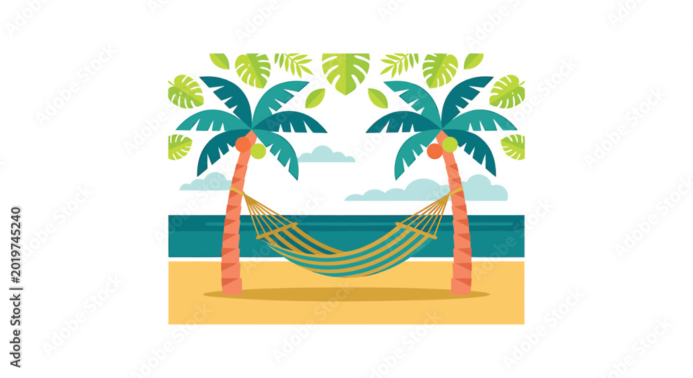 Fototapeta premium Tropical beach scene, palm trees, hammock on sand, summer vacation, vector illustration