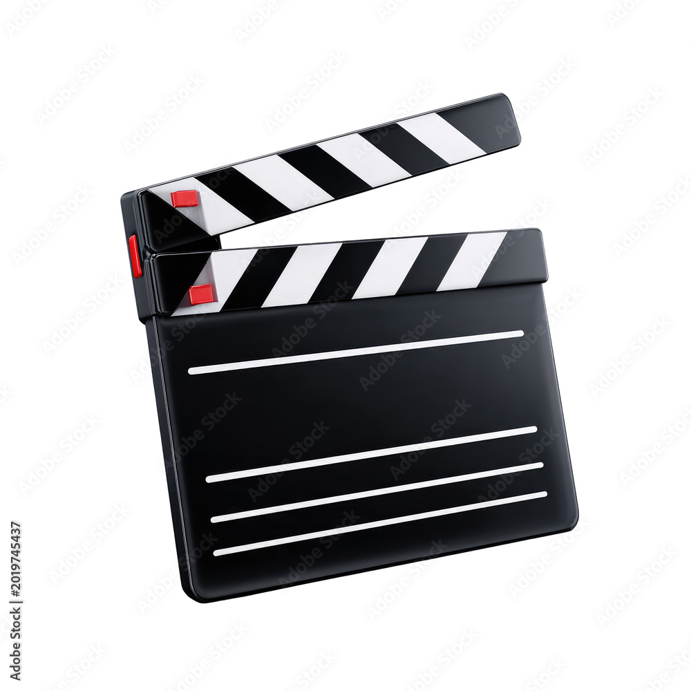 Fototapeta premium Glossy, three-dimensional representation of a filmmaking tool with striped top and blank slate. Red accents enhance