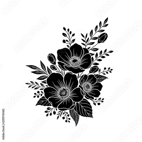Black silhouette anemone flower bouquet with botanical leaves