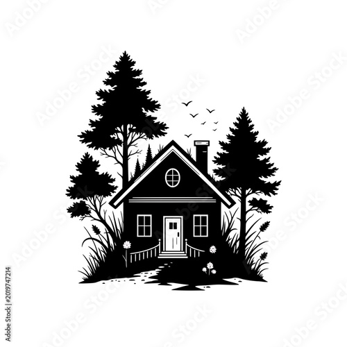 Cozy cabin nestled in a pine forest silhouette
