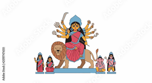 A Hindu goddess sits astride a lion, holding weapons, flanked by figures