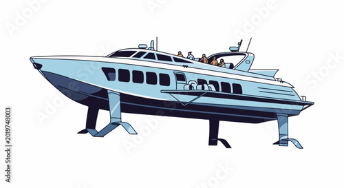 A futuristic hydrofoil boat carrying passengers across the water