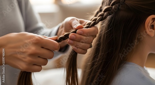 Happy mothers day tender moment of mother braiding daughter's hair