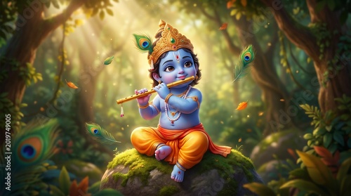 Baby krishna flute player hindu god indian mythology divine child godhead art
