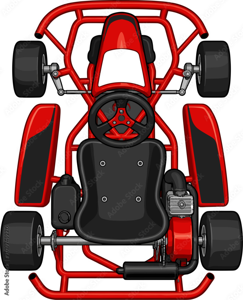 Fototapeta premium Top-down view of a red and black go-kart, a compact racing vehicle. Includes detailed elements like the steering wheel, driver's seat, visible engine, and four tires. Flat graphic style.
