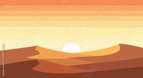 Warm desert sunset with sun rays over rolling sand dunes