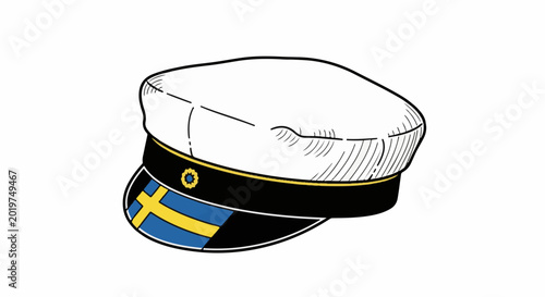 White cap with black band, yellow trim, and Swedish flag on brim