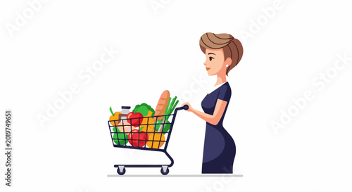 Woman with shopping cart full of groceries