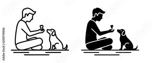 Dog Training Icons, Person Teaching Puppy, Pet Care Vector Graphics, Animal Behavior Training