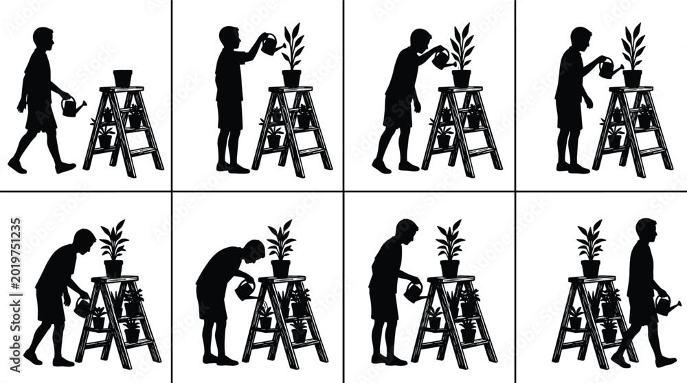 Obraz premium Set of Silhouette Illustrations Showing a Boy Watering Potted Houseplants on a Step Ladder for Gardening Hobby Plant Care Education and Home Greenhouse Lifestyle Designs.