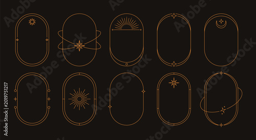 Boho arch frames. Art deco geometric line door and window  silhouettes with mystic celestial minimalist elements, golden esoteric borders with simple magic oval arcs. Vector set