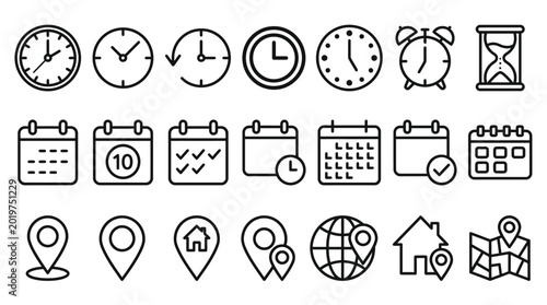 Cuadro en lienzo Time, date and address concept editable stroke outline icons set isolated on white background flat vector illustration