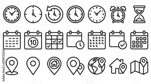Schilderij op canvas Time, date and address concept editable stroke outline icons set isolated on white background flat vector illustration