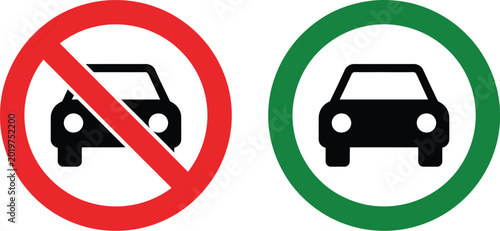 Foto Car traffic sign set, allowed and prohibited vehicle use symbols for road safety driving regulation and transportation control design