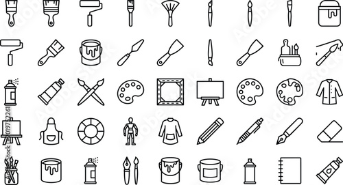 Foto Fine art painting school drawing craft tool line icon vector set featuring paint