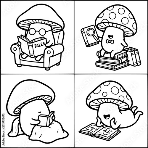Fotografie Adorable cartoon mushrooms enjoying reading books in different cozy positions