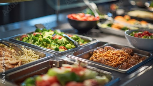 Buffet line displays a variety of fresh salads and prepared hot dishes for guests at a corporate catering event.