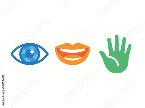 Tableau sur toile This image creatively displays an eye, mouth, and hand icons representing essential communication elements, highlighting observation, expression, and interaction