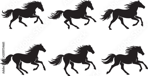 Φωτογραφία Galloping Horse Silhouette Set - 6 Running Stallion Poses Isolated on White Back