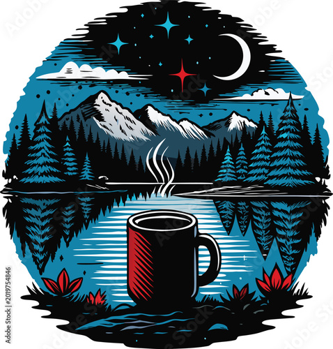 Mountain and lake scene with coffee mug vintage style illustration